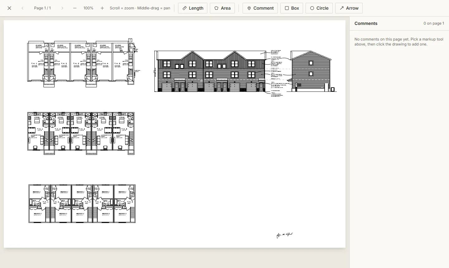 A drawing set opened from a delivery link, with length, area and comment tools ready to use in the browser.